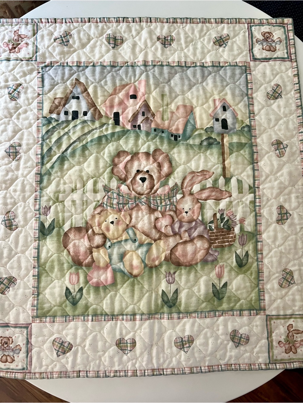 Vintage Handcrafted Teddy Bear & Bunny Baby Quilt/Nursery Wall Hanging